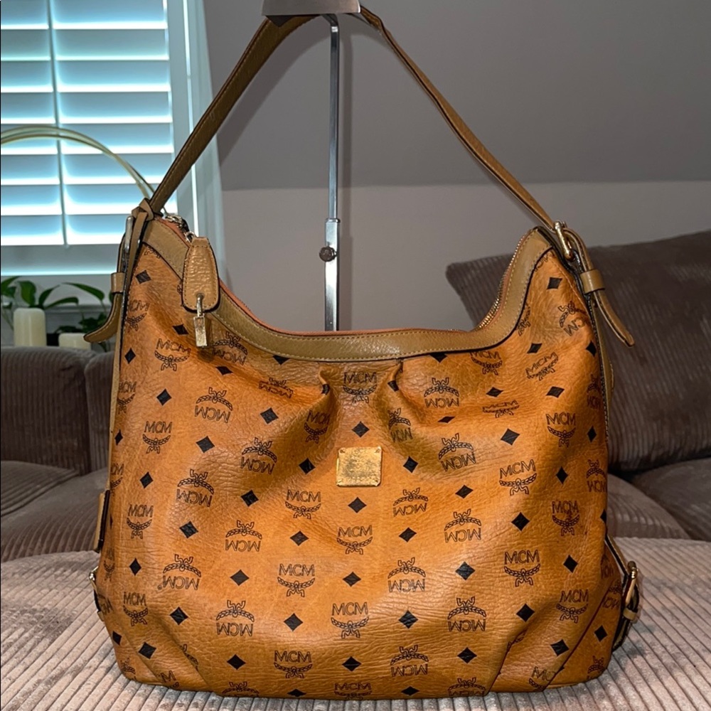MCM LARGE Brown Hobo Bag with Iconic Monogram and Gold Accents with LOCK AND KEY